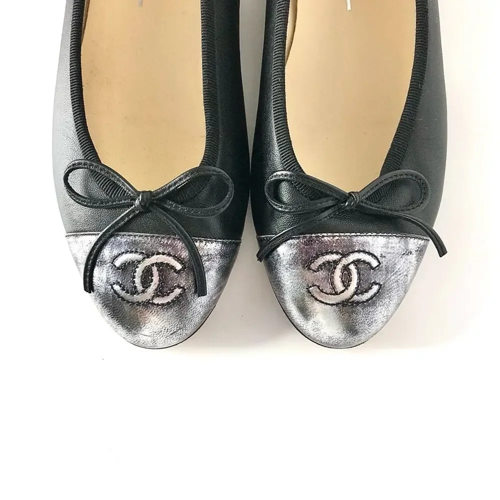 Chanel CC Logo Bow Detail Gunmetal Black Two Tone Leather Ballerina Flats 36
